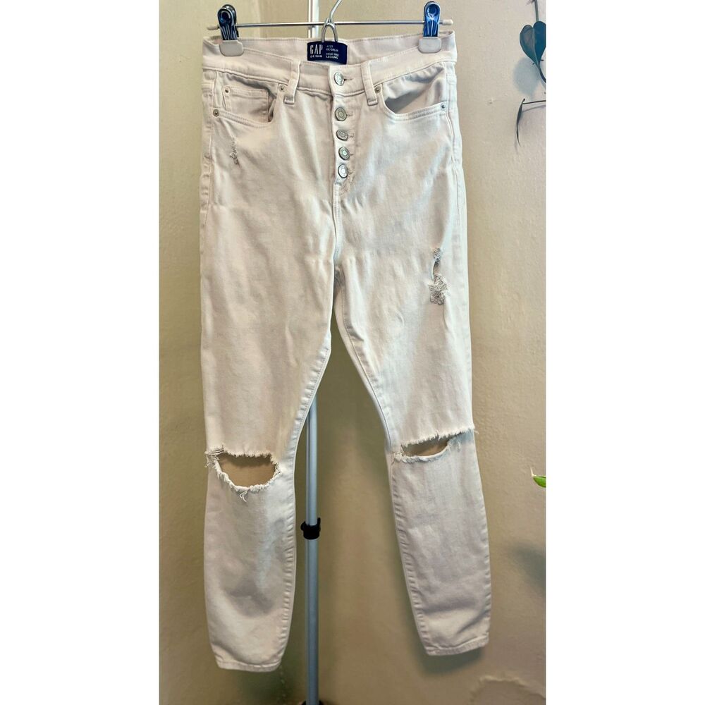 Gap high-rise button-fly distressed white denim skinny jeans 27 Reg